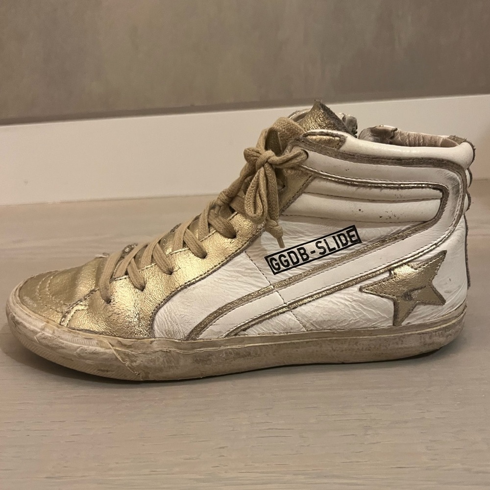 Size 38 gold and white Golden Goose Slide Sneaker